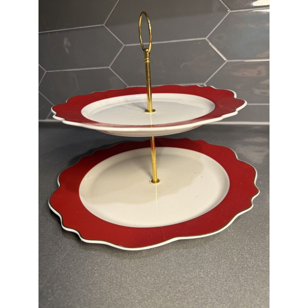Red & White Fine Porcelain Scalloped 2 Tier Dessert Serving Stand